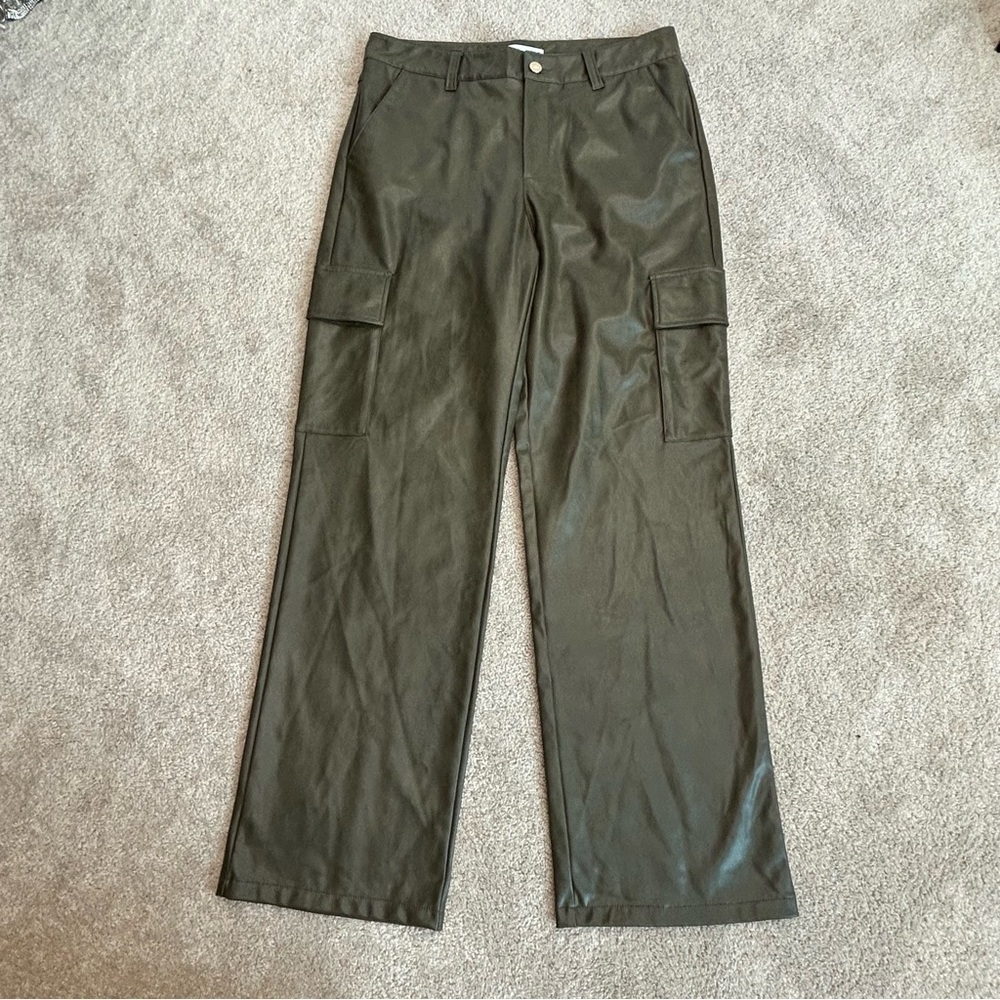 Zara Olive Green Vegan Faux Leather High Rise Straight Leg Cargo Pants 12 NWOT